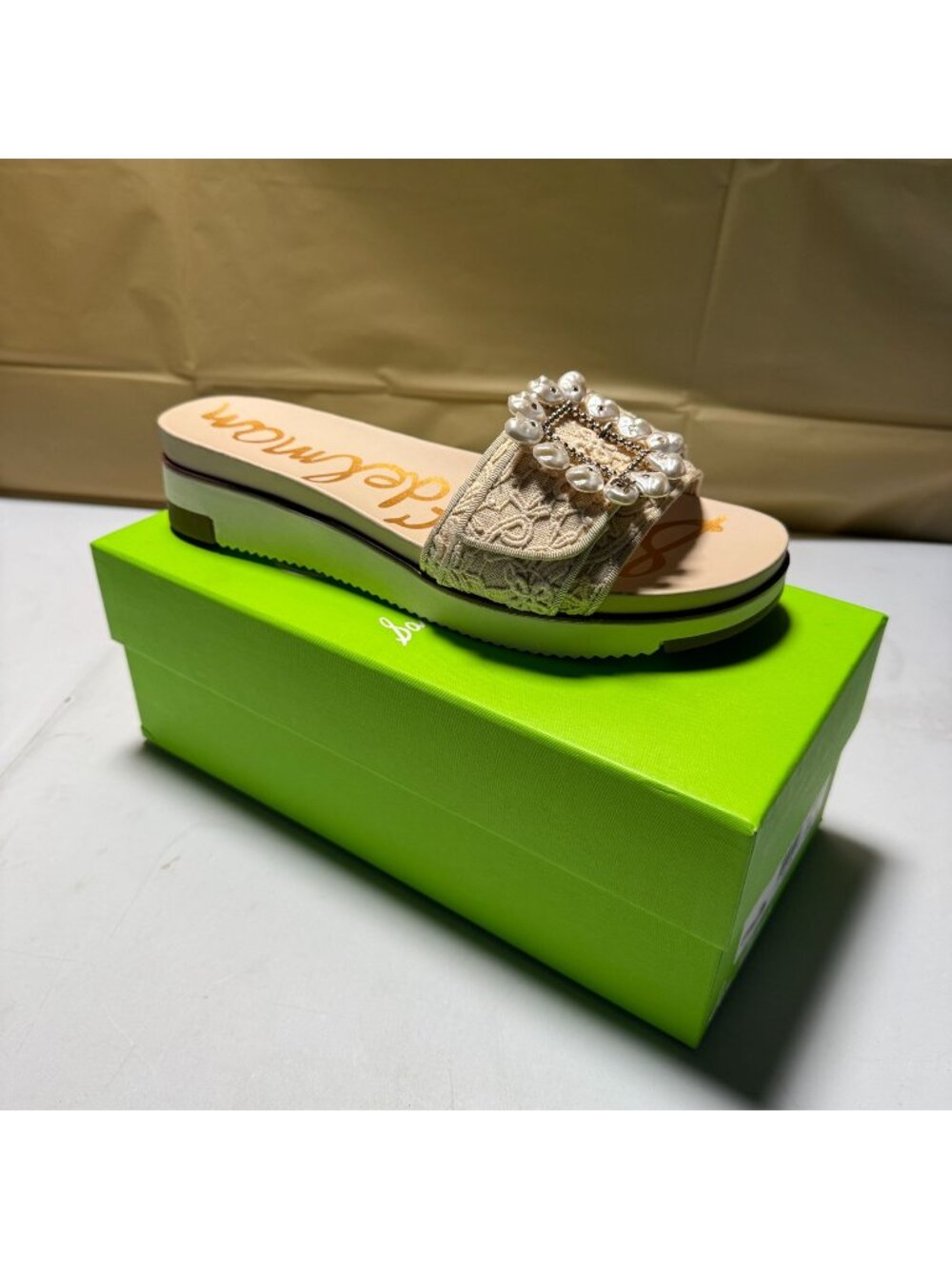 Sam Edelman Beige Lace Slide Sandal with Pearl Buckle